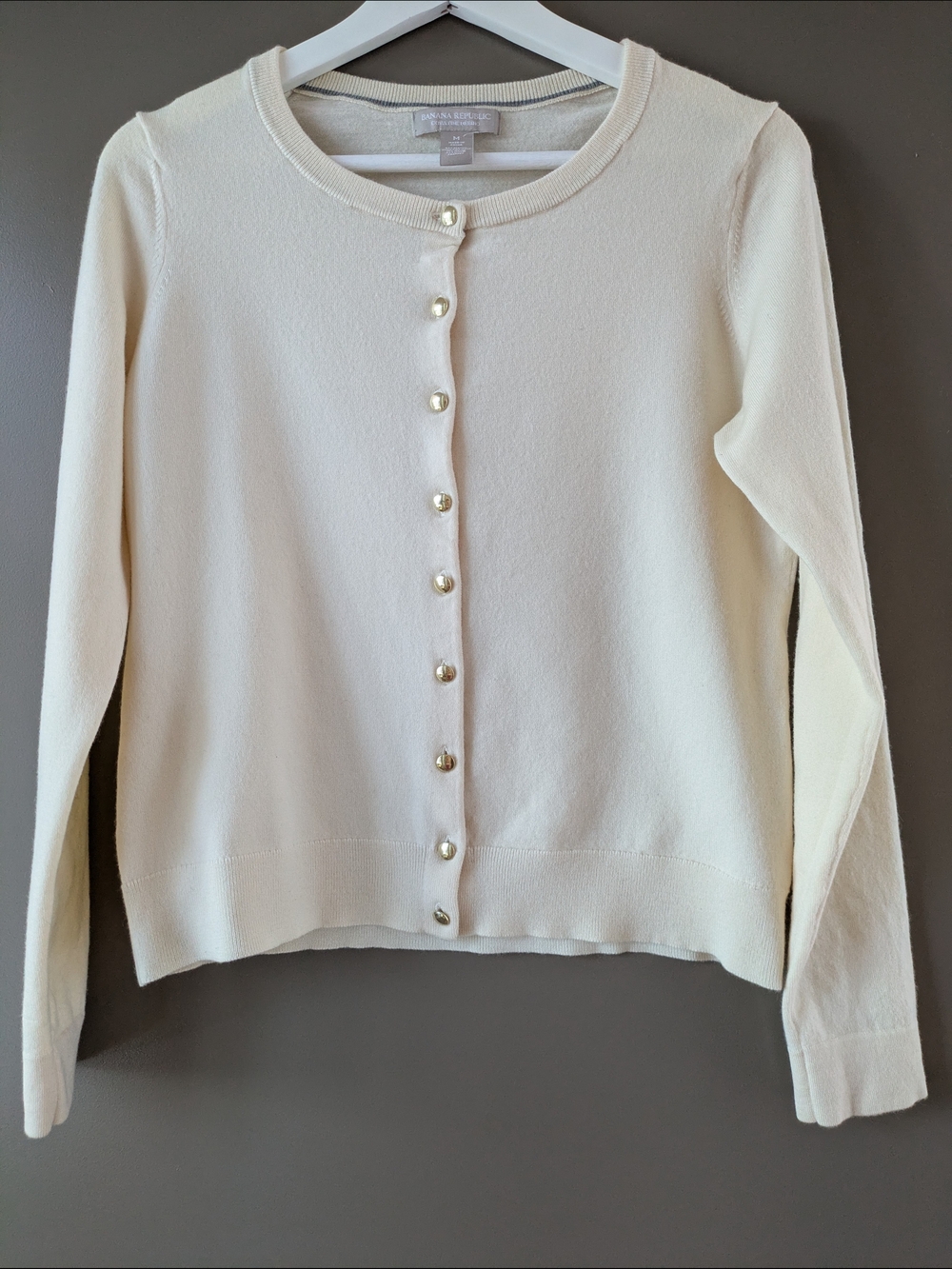 Banana Republic Merino Wool Cardigan Sweater Cream Gold Buttons Medium|Preppy